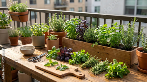 Balcony garden with fresh potted herbs and kitchen utensils for cooking.