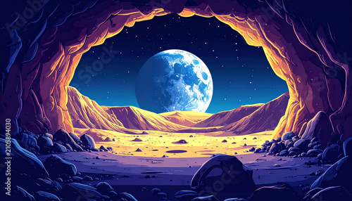 Mysterious alien landscape with a giant moon