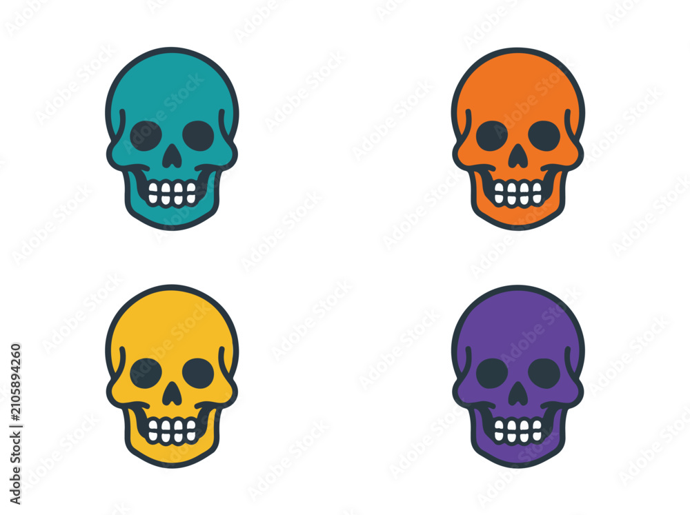 Obraz premium Four colorful cartoon skulls arranged in a grid, representing Halloween or a playful spooky theme