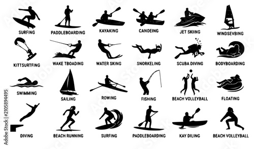 Fotografie Summer Watersports Silhouette Vector Set with Ocean Adventure and Beach Activity
