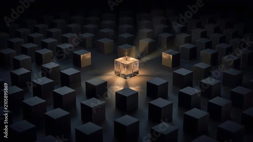 Obraz na płótnie Central transparent cube lighting dark array – Perfect for standing out, dynamic ideas, or team direction.