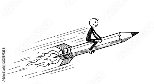 Stick Figure Riding Pencil Rocket Toward Success