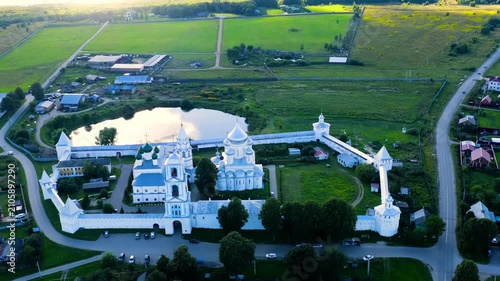 Pereslavl-Zalessky, Russia. Nikitsky Monastery - Monastery of the Pereslavl Diocese of the Russian Orthodox Church. Drone footage, Departure of the camera