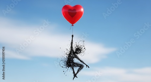 Abstract silhouette floating beneath a red heart shaped balloon
