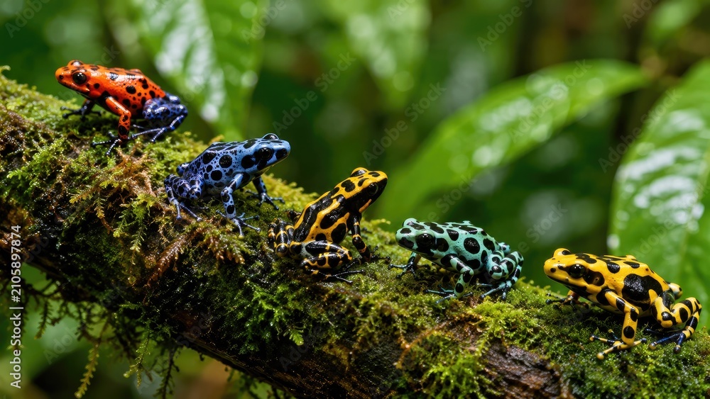 Obraz premium Colorful poison dart frogs perched in a row on a mossy branch in a tropical rainforest setting
