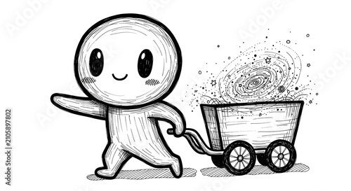 Cute character pulling a shopping cart filled with a galaxy