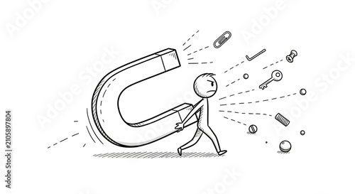 Stick figure carrying a giant magnet attracting metal objects