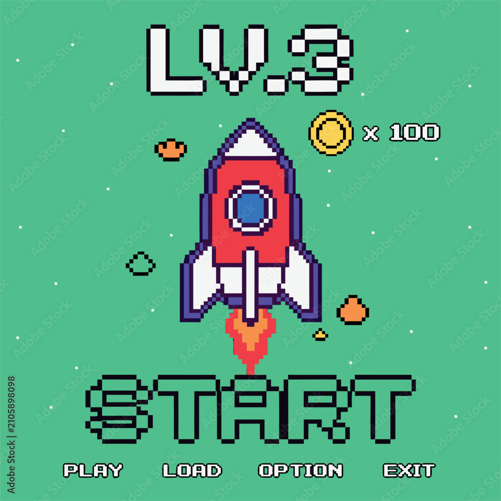 Obraz premium Pixel Art Video Game Screen With Rocket And Text On Transparent Background illustration vector template