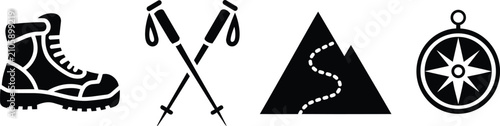 Hiking and trekking equipment icons set featuring a mountain boot, crossed walking poles, a peak with trail path