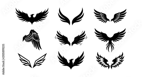 Tableau sur toile Set of 9 Black Silhouette Wings Vector Icons, Heraldic Eagle Wings, Angelic Feat