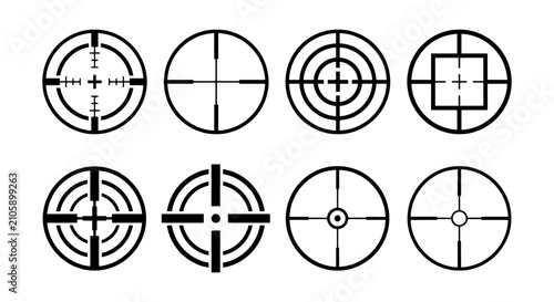 Diverse Crosshair and Reticle Icons Set, Precision Targeting Symbols, Military and Hunting Optics, Vector Graphics for Aiming and Focus
