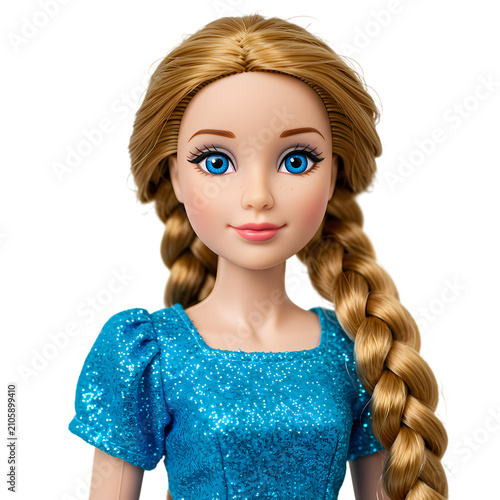 Beautiful plastic doll with long blonde braided hair wearing a sparkly blue dress on white