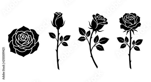 Black Rose Silhouettes Vector Set, Elegant Floral Illustrations, Romantic Flower Graphics, Classic Botanical Design Elements