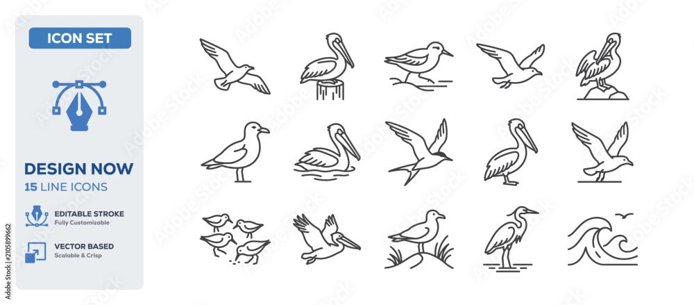 Fototapeta premium flat vector illustration line art icon bundle set design showcasing wild flying seagulls marine nature sea gulls coastal pelicans ocean birds and nautical wildlife UI