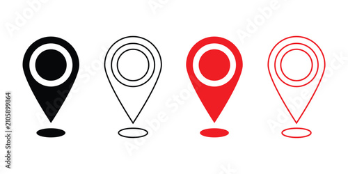Φωτογραφία Four distinct location pin icons featuring an elongated base in black and red variations