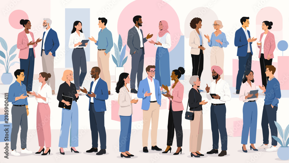 Obraz premium Busy multicultural networking crowd with people chatting and exchanging ideas in a pastel social scene, networking, crowd,