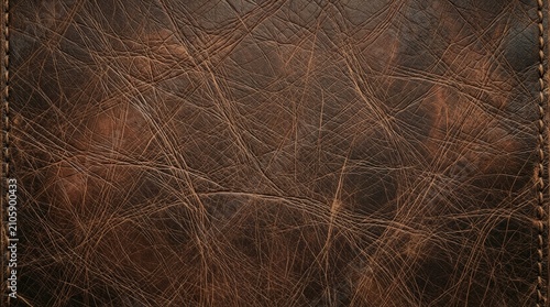 Aged brown leather surface with visible stitching and scratches