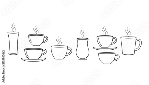 Collection of different hot coffee cups and tea mugs outline vector illustrations