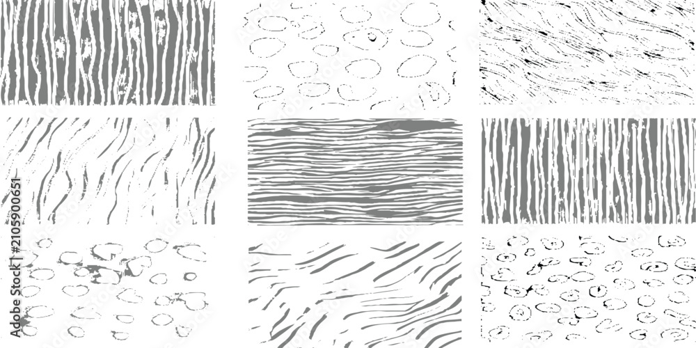 Fototapeta premium Grunge set of nine high-contrast monochrome vector textures featuring wood grain textures collection.