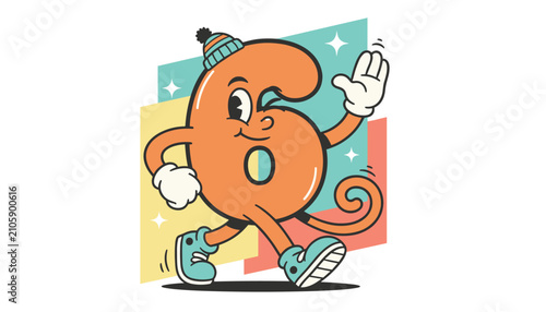 Retro cartoon character of number six wearing winter beanie walking and waving