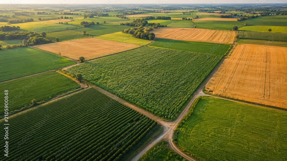 Obraz premium Aerial view of patchwork farmland with green and golden crop fields, dirt roads, hedgerows and distant horizon in warm sunlight