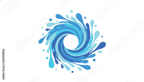Circular blue water splash whirlpool vector illustration with drops isolated on white background