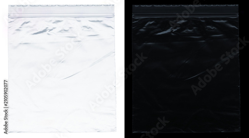 Transparent plastic zipper bag texture, clear polyethylene pouch with wrinkles, empty ziplock bag mockup on white and black background