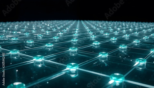 Glowing cyan crystal grid floating within infinite dark void representing digital data connectivity structure with extending deep black void shallow depth field