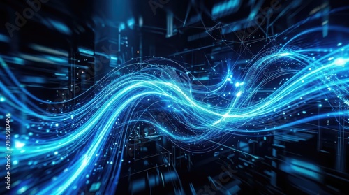 Blue flowing abstract waves, intense digital technology light effect with cinematic motion blur, professional commercial
