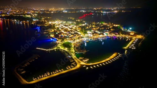 Canvas Print Side, Turkey - July 13, 2026: Aerial drone night view of the old town in Side, T