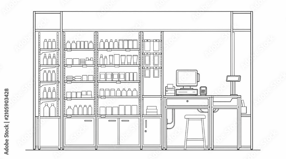 Obraz premium Retail store front elevation with shelving unit and product row, checkout counter with POS monitor and receipt printer, architectural elevation drawing