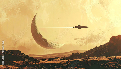 Spaceship flying past a crescent moon on alien planet