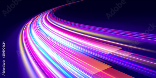 Tableau sur toile Radiant laser beams stretch across a futuristic street with glowing motion trails and vibrant reflections