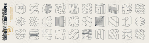 Schilderij op canvas Isometric line brutal 3D shapes, Brutalism volumetric carcass various form, Post