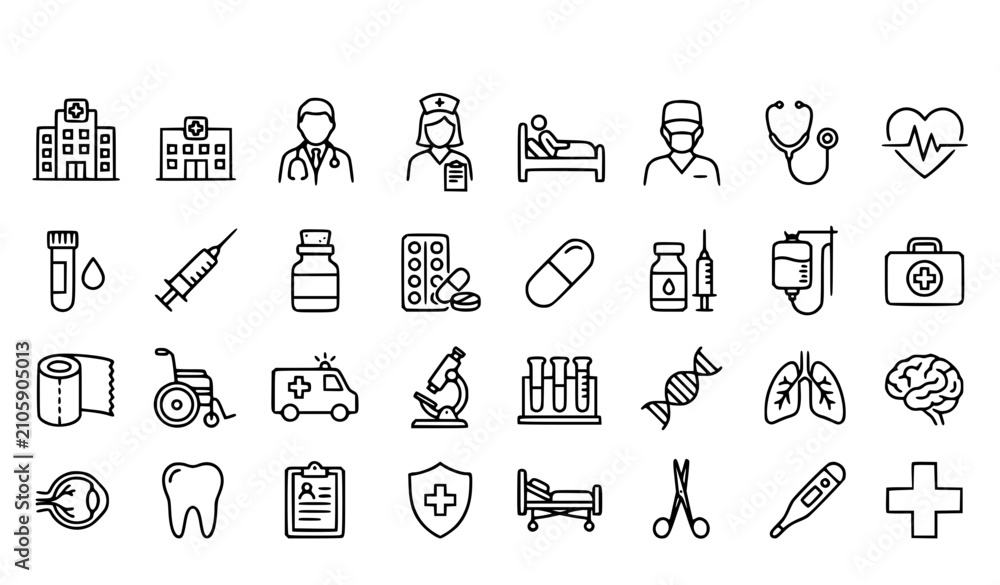 Naklejka premium Editable Medical Web Thin Line Icons Pack with Healthcare Hospital Doctor Patient Medicine and Treatment Symbols Vector
