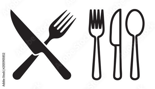 Foto Collection of kitchen cutlery icons featuring crossed knife and fork with separate utensils
