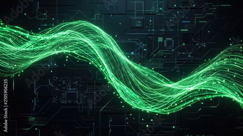 Green digital wave curtain with vibrant glowing light, modern technology texture pattern for design backdrop, futuristic wallpaper