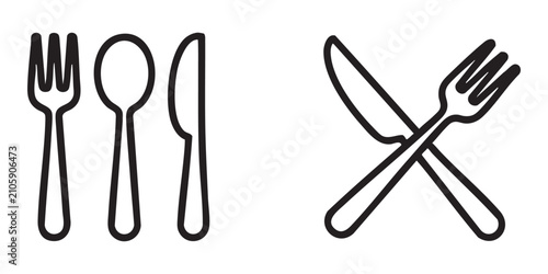 Billede på lærred Outline dining utensils with fork spoon and knife standing vertically next to crossed cutlery pair