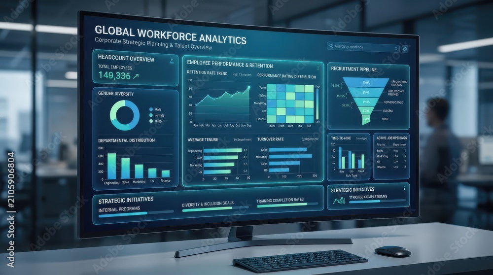 Fototapeta premium HR dashboard with a blue workforce analytics interface for professional business management. This futuristic digital technology