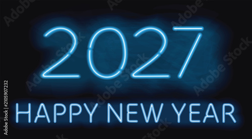 Vector illustration of Happy New Year 2027 in bright blue neon tube font. The luminous lettering shines with subtle light smoke on a dark background.