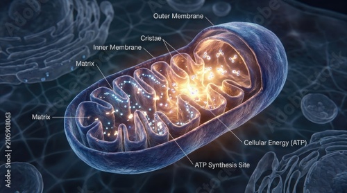 Glowing mitochondria science illustration showing cellular energy, professional medical healthcare and biology innovation research