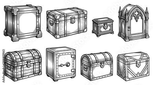 Collection of vintage chests, trunks, and safes in a hand-drawn woodcut or engraved style. Isolated set of various storage containers, treasure boxes, and vaults in black and white line art.