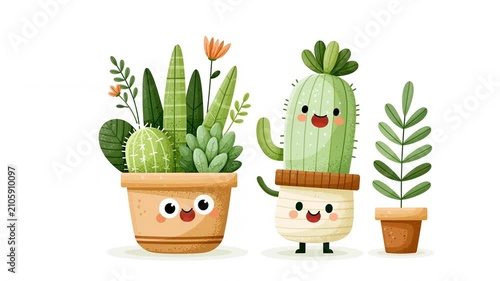 Cartoon cheerful flowerpot with flowers, flat design illustration