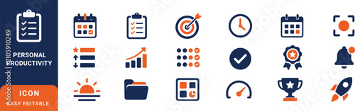 Set of personal productivity icons for business and time management