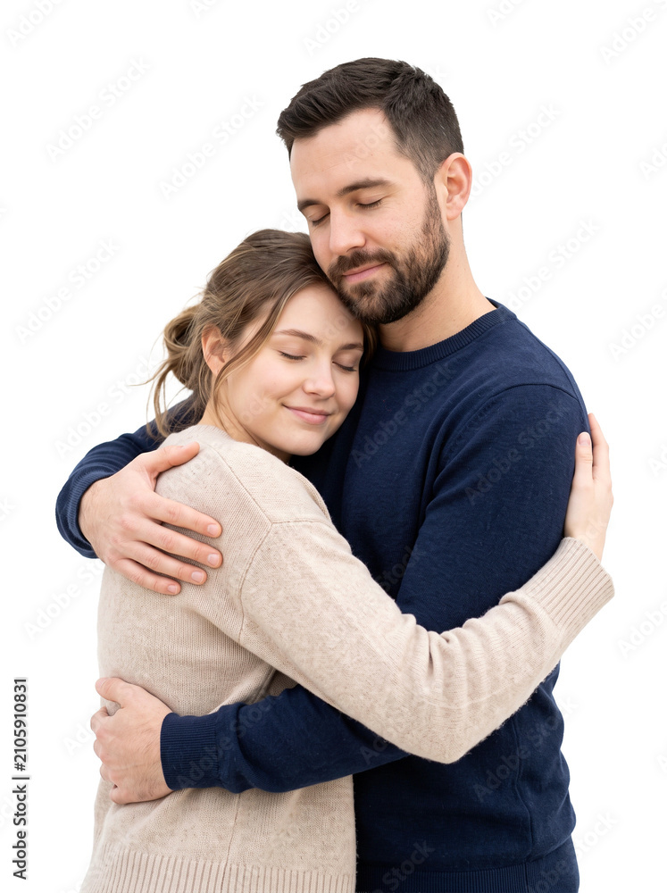 Fototapeta premium Young couple embracing with eyes closed showing affection and love PNG Isolated on transparent background