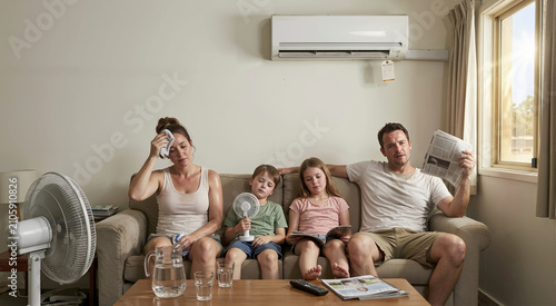 Family sitting in hot stuffy room with broken split system unit. Extreme heat and air conditioning failure concept. Parents and children sweating at home during summer heatwave