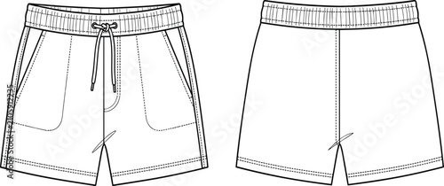 Bild auf Leinwand Technical flat sketch of men's athletic shorts with elastic waistband and functi