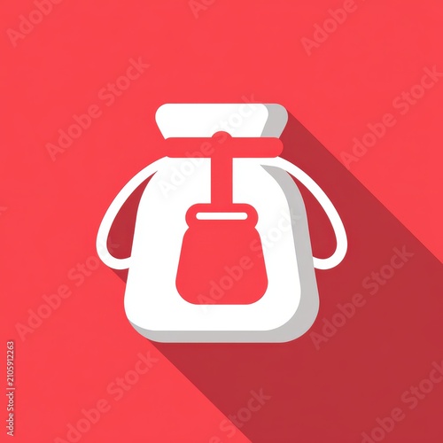 Minimalist Drawstring Pouch Icon Flat Design on Red Background