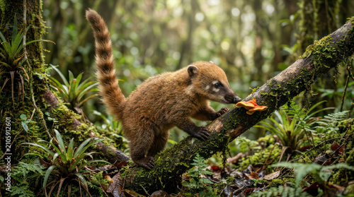 Coati eating fruit on a mossy tree branch in a lush forest.