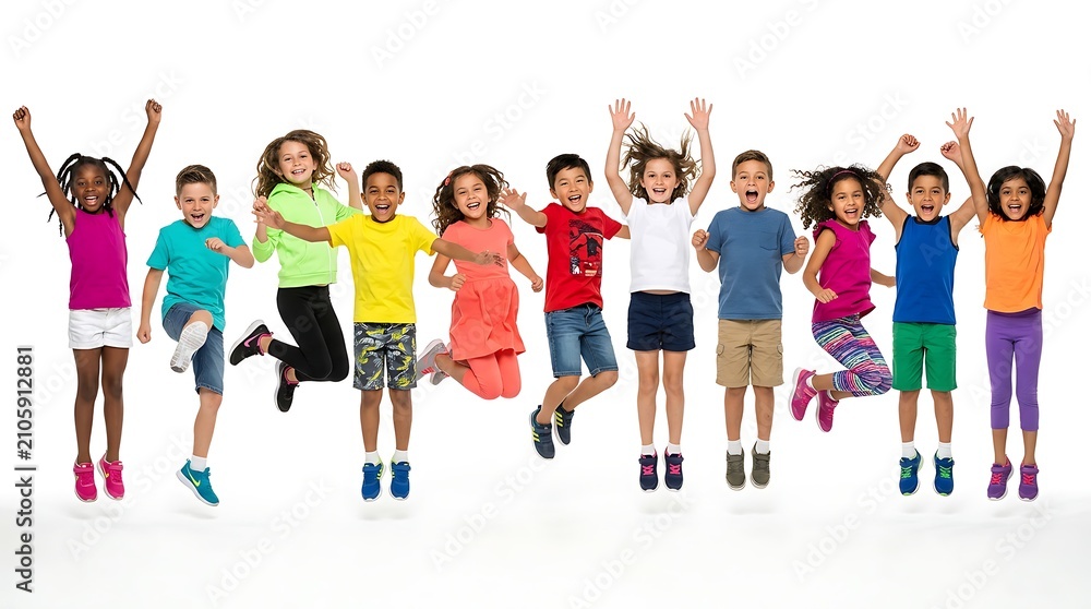 Obraz premium Group of happy diverse children jumping and having fun together in colorful summer clothing